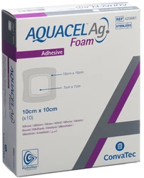 AQUACEL Ag Foam Schaumverband adhäsiv 10x10cm