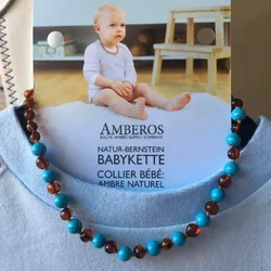 AMBEROS Natur Bernsteinkette mit Edelsteinen Baroque Cognac Turquoise