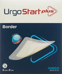 Urgo UrgoStart Plus Border Selbsthaftende Polyacrylatwundauflage 8x8cm mit mikroadhäsiver TLC-NOSF-Wundheilungsmatrix