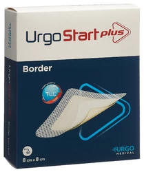 Urgo UrgoStart Plus Border Selbsthaftende Polyacrylatwundauflage 8x8cm mit mikroadhäsiver TLC-NOSF-Wundheilungsmatrix